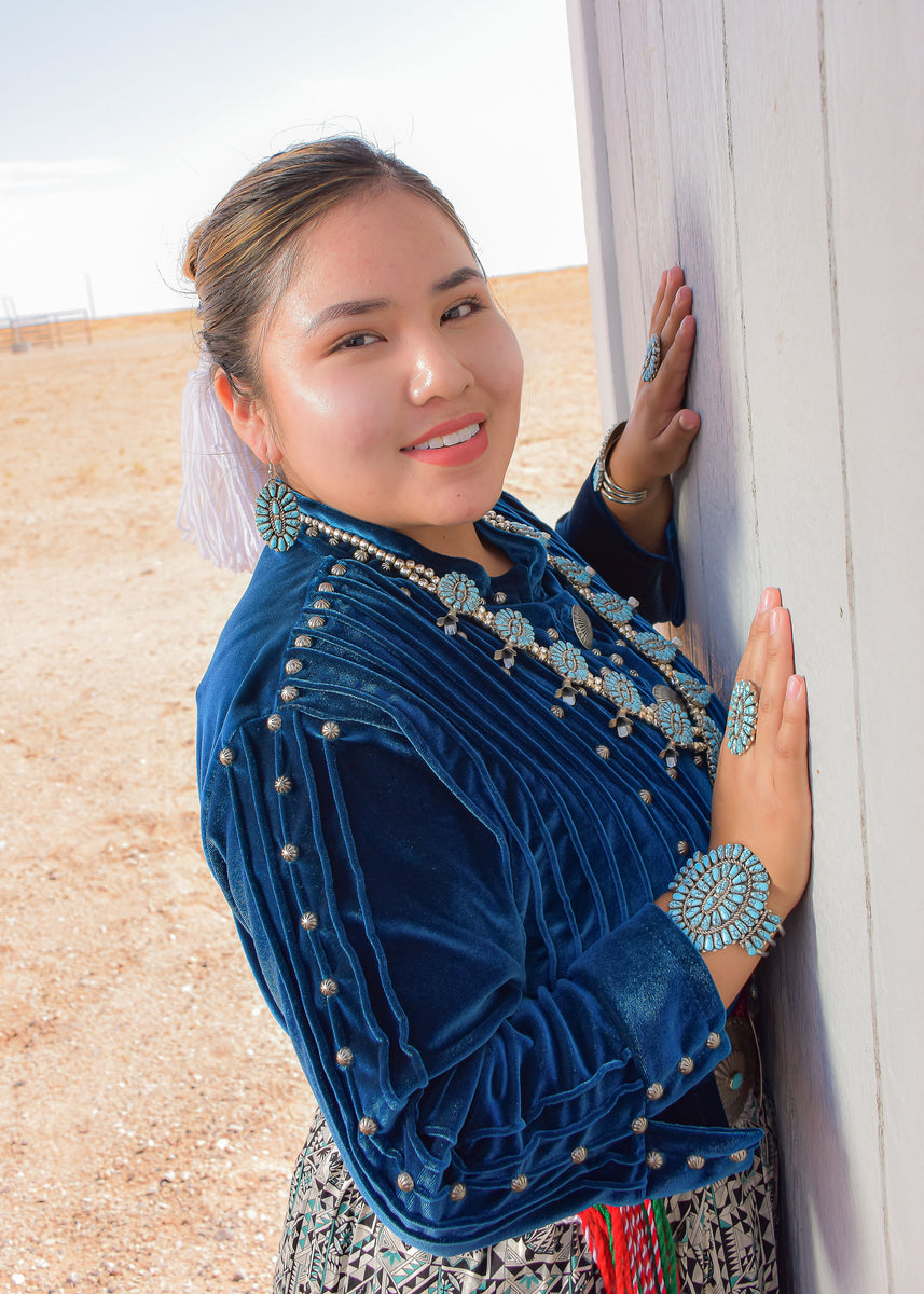 Blue Stand Up Collar with Pin Tucks To'ahani Fashions